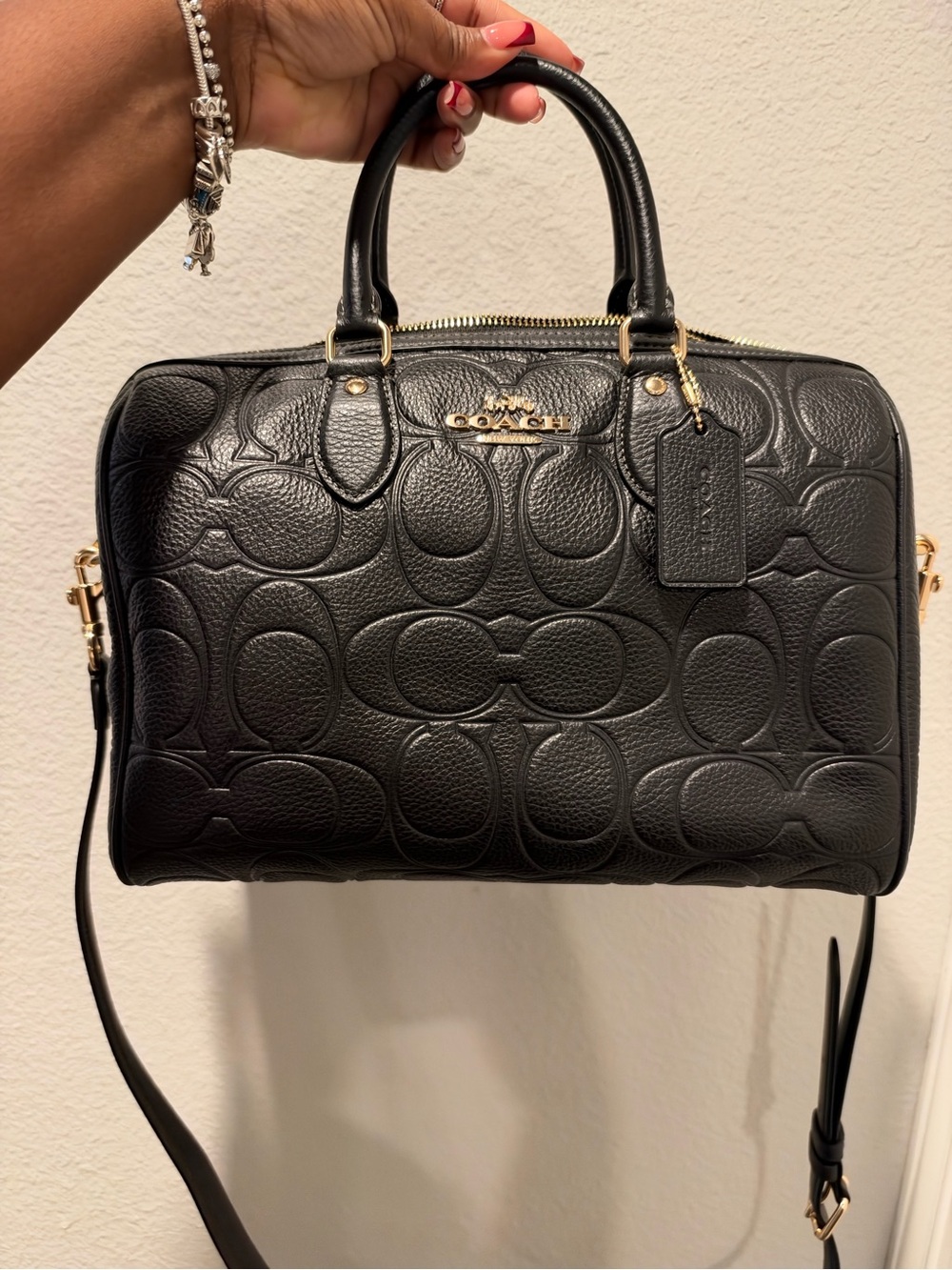 COACH Black Embossed Leather Dome Satchel with Detachable Strap